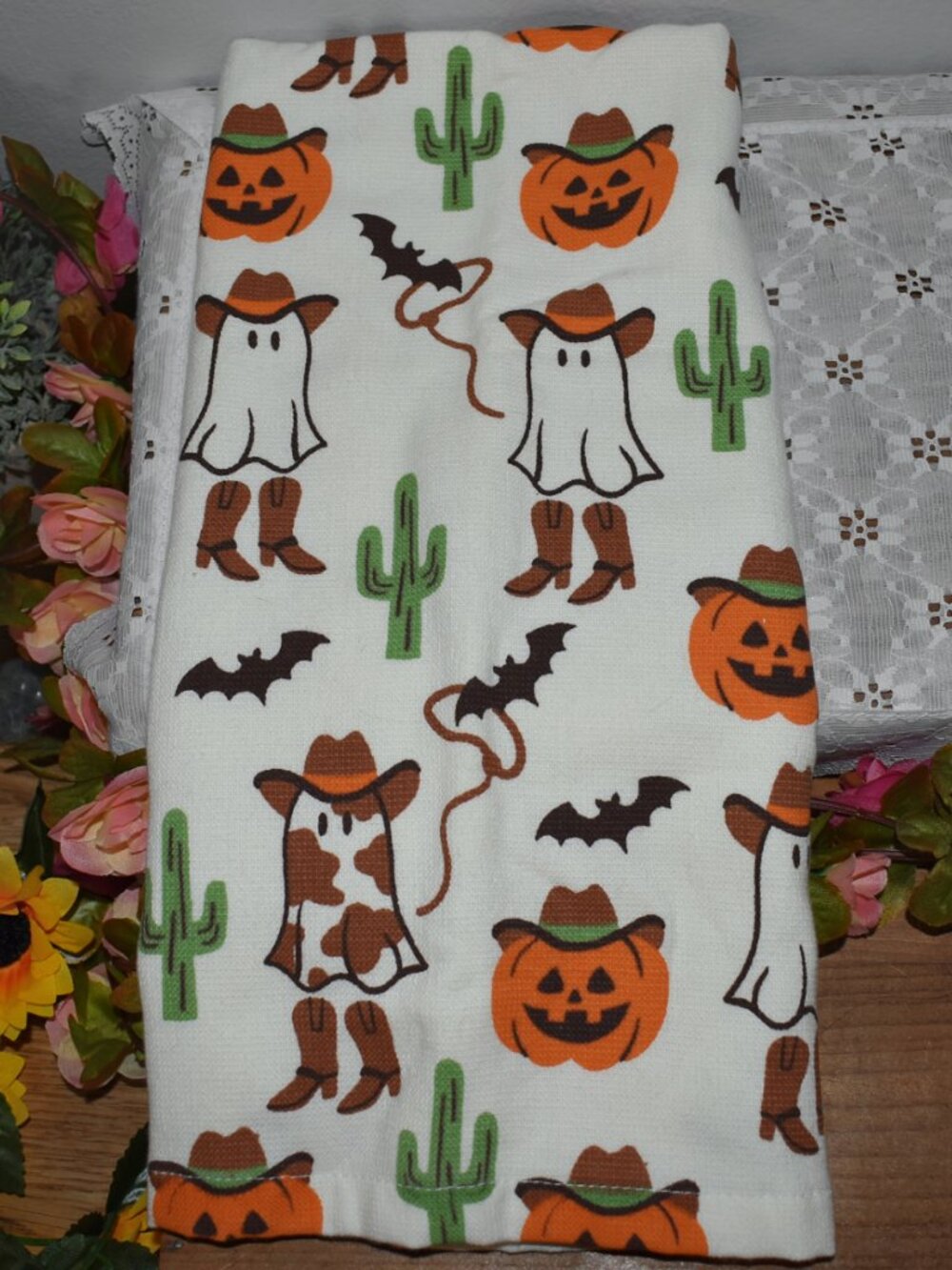 Western Cowboy Cow Ghost Bats Jack O Lantern Pumpkin Cactus Halloween Hand Towel